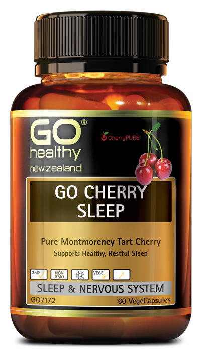 GO CHERRY SLEEP is designed for those who have trouble getting to sleep and/or staying asleep. Each easy to swallow VegeCapsule contains concentrated Montmorency Tart Cherry skin. Tart Cherry supports a deep restful sleep, allowing you to wake feeling refreshed and ready to go.