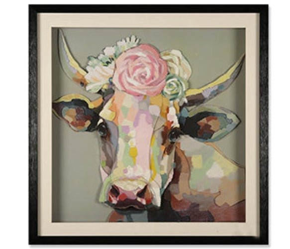 Kaku Cow Rose Collage Black (YS-476) Cow with Rose Collage Art with Black PS Frame Size: 65x65x4 cm