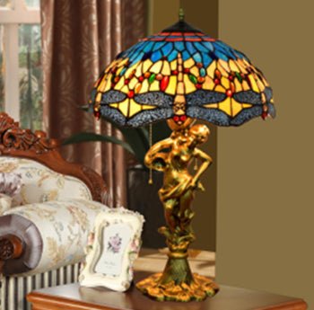 Kaku Table Lamp 16" With Gold Figure (OFT1626) Size: 40 x 64cm Stained Glass Lampshade, Aluminum alloy Base