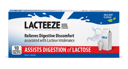 Lacteeze Extra Strength Aids Digestion of Dairy 10 Tablets Enjoy all your favourite dairy foods again with Lacteeze Extra Stength! Lacteeze aids the digestion of dairy with the temporary increase in lactase enzymes in the digestive system to provide relief of gas, bloating, abdominal cramps and diarrhoea associated with the digestion of dairy. This allows the lactose in dairy to be digested naturally.