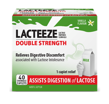 Lacteeze Ultra Double Strength Aids Digestion of Dairy 40 Caplets Lacteeze aids the digestion of dairy by the temporary increase in lactase enzymes in the digestive system to provide relief of gas, bloating, abdominal cramps and diarrhoea associated with the digestion of dairy.