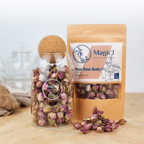 MagicT - Pure Herbs - Pure Rose Buds 60g Glass Jar 1st Stop, Marshall's Health Shop! Pure Damask Rose buds Aromatic, fresh rosebuds come straight from Ghamsar/Kashan. Rosebud tea made from large, whole, dehydrated rose blossoms is fruity and light-tasting, with no calories. The Rosebuds are surprisingly fragrant.