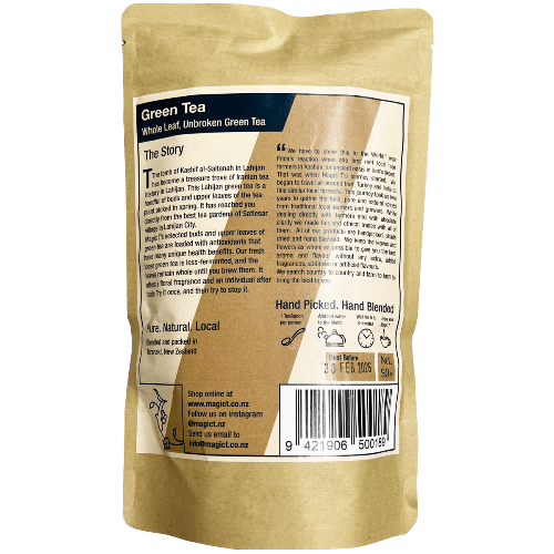 MagicT - Pure Herbs - Pure Green Tea 50g 1st Stop, Marshall's Health Shop! Whole leaf, unbroken Green Tea Lahijan Green Tea, is handful of buds and upper leaves of the tea plant, picked in spring. This green tea is less-fermented and stays whole until you brew it.
