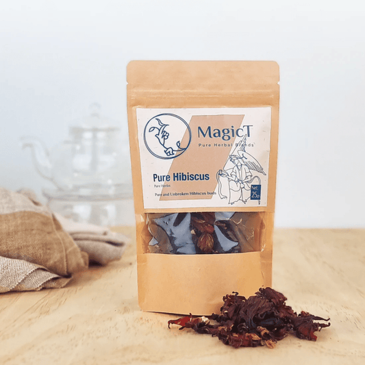 MagicT - Pure Herbs - Pure Hibiscus 25g Pouch 1st Stop, Marshall's Health Shop! Pure and unbroken Hibiscus buds Deep red colour. Sweet and tart flavours, similar to cranberry, and it is consumed both hot and cold. It helps to reduce body weight, It is known to be rich in vitamin C, help weight management, lower blood pressure, and reduce blood sugar levels.