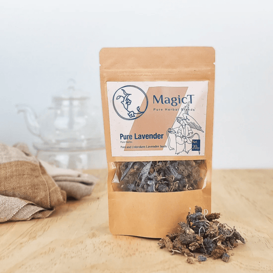 MagicT - Pure Herbs - Pure Lavender 20g Pouch 1st Stop, Marshall's Health Shop! Pure and unbroken Lavender buds Known for its relaxing effects, making it the perfect bedtime tea. Our pure Lavender tea is made from dried buds of the lavender flower. HEALTH BENEFITS: Hand picked Shade dried Hand blended