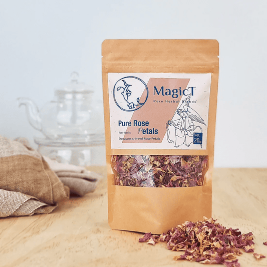 MagicT - Pure Herbs - Pure Rose Petals 20g 1st Stop, Marshall's Health Shop! Pure rose petals have a very aromatic, floral and slightly sweet flavour. Delivering anti-ageing benefits such as stress-reducing effects and helps to protect your body from cell damage. High in antioxidants. These rose petals also can be eaten raw, mixed into green salads various fruit or green salads granola or mixed herbs.