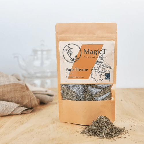 MagicT - Pure Herbs - Pure Thyme 60g Pouch 1st Stop, Marshall's Health Shop! Dried Wild Thyme leaves Restorative, delicious, and takes just 5 minutes to steep into a flavorful tea. Thyme tea is often used as a natural cough remedy and can also help optimize metabolism