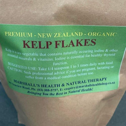 Marshall's Organic New Zealand Kelp Flakes 50g Kelp is a sea vegetable that contains naturally occurring iodine & other essential minerals & vitamins. Iodine is essential for healthy thyroid function HEALTH BENEFITS: Healthy thyroid function