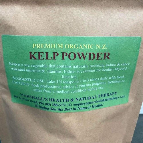 Marshall's Organic New Zealand Kelp Powder 100g Kelp is a sea vegetable that contains naturally occurring iodine & other essential minerals & vitamins. Iodine is essential for healthy thyroid function HEALTH BENEFITS: Healthy thyroid function