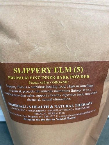 Marshall's Slippery Elm, Premium Fine Inner Bark Powder 500g. Slippery Elm is a nutrient healing food. High in mucilage it coats & protects the mucous membrane linings. It is a soothing herb that helps support a healthy digestive tract, intestinal tissues & normal elimination. HEALTH BENEFITS: Healthy digestive tract Healthy Intestinal Tissue Normal Elimination