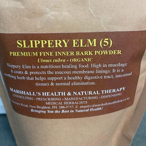 Marshall's Slippery Elm, Premium Fine Inner Bark Powder 500g. Slippery Elm is a nutrient healing food. High in mucilage it coats & protects the mucous membrane linings. It is a soothing herb that helps support a healthy digestive tract, intestinal tissues & normal elimination. HEALTH BENEFITS: Healthy digestive tract Healthy Intestinal Tissue Normal Elimination