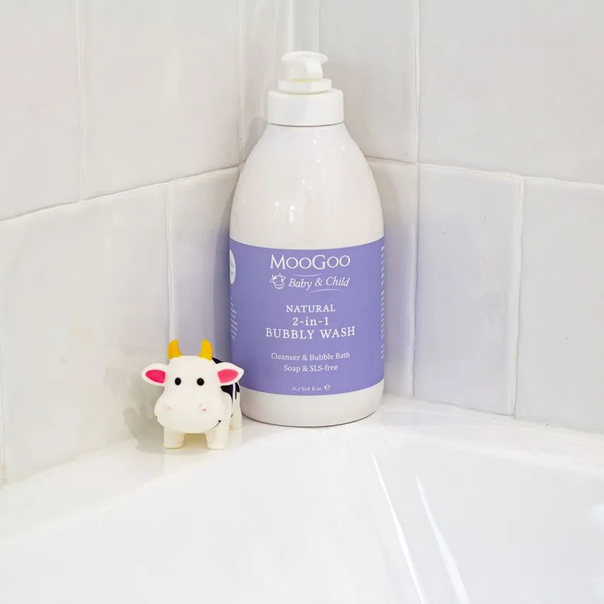 MooGoo 2-1 Bubbly Wash 1lt Babies need cleansers in their bath for hygiene. Washing with water alone doesn’t remove much dirt and any of the other things babies can get into. But a lot of the commercial wash products out there are made with cheap, synthetic detergents that can strip the skin of its natural oils, leaving it high and dry. The ones that make big bubbles can be particularly drying, but every parent knows, BABIES NEED BUBBLES! The biggest bubbles in town are made by Sodium Laureth Sulphate.