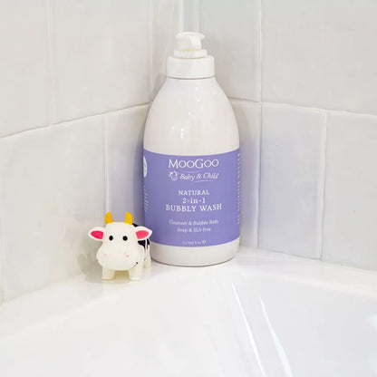 MooGoo 2-1 Bubbly Wash 1lt Babies need cleansers in their bath for hygiene. Washing with water alone doesn’t remove much dirt and any of the other things babies can get into. But a lot of the commercial wash products out there are made with cheap, synthetic detergents that can strip the skin of its natural oils, leaving it high and dry.  The ones that make big bubbles can be particularly drying, but every parent knows, BABIES NEED BUBBLES! The biggest bubbles in town are made by Sodium Laureth Sulphate.