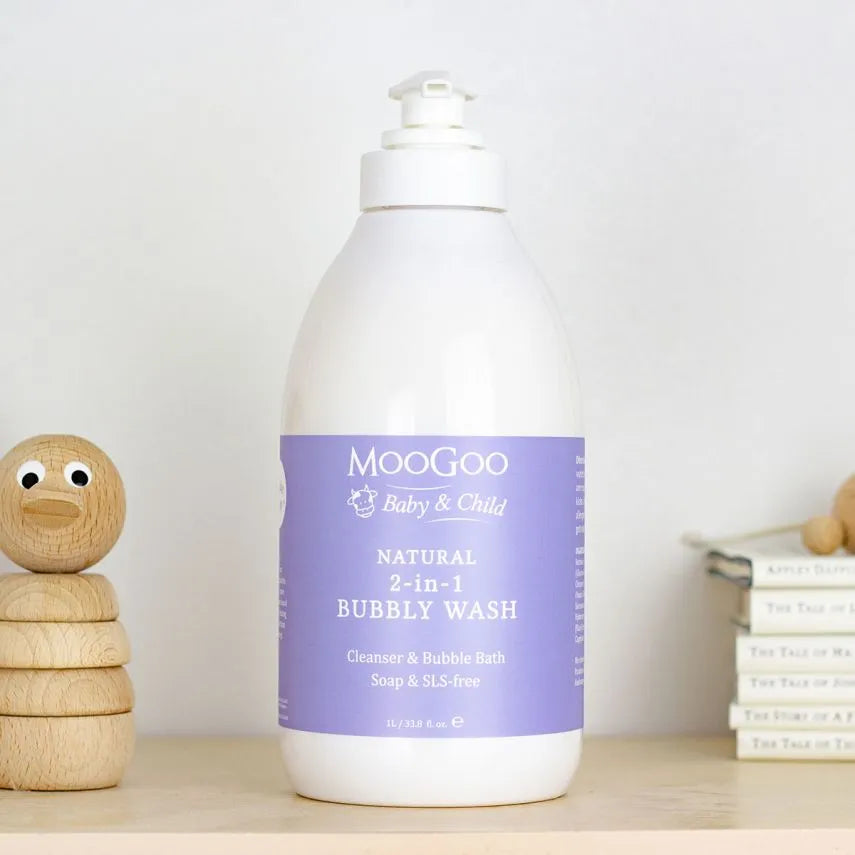 MooGoo 2-1 Bubbly Wash 1lt Babies need cleansers in their bath for hygiene. Washing with water alone doesn’t remove much dirt and any of the other things babies can get into. But a lot of the commercial wash products out there are made with cheap, synthetic detergents that can strip the skin of its natural oils, leaving it high and dry. The ones that make big bubbles can be particularly drying, but every parent knows, BABIES NEED BUBBLES! The biggest bubbles in town are made by Sodium Laureth Sulphate.