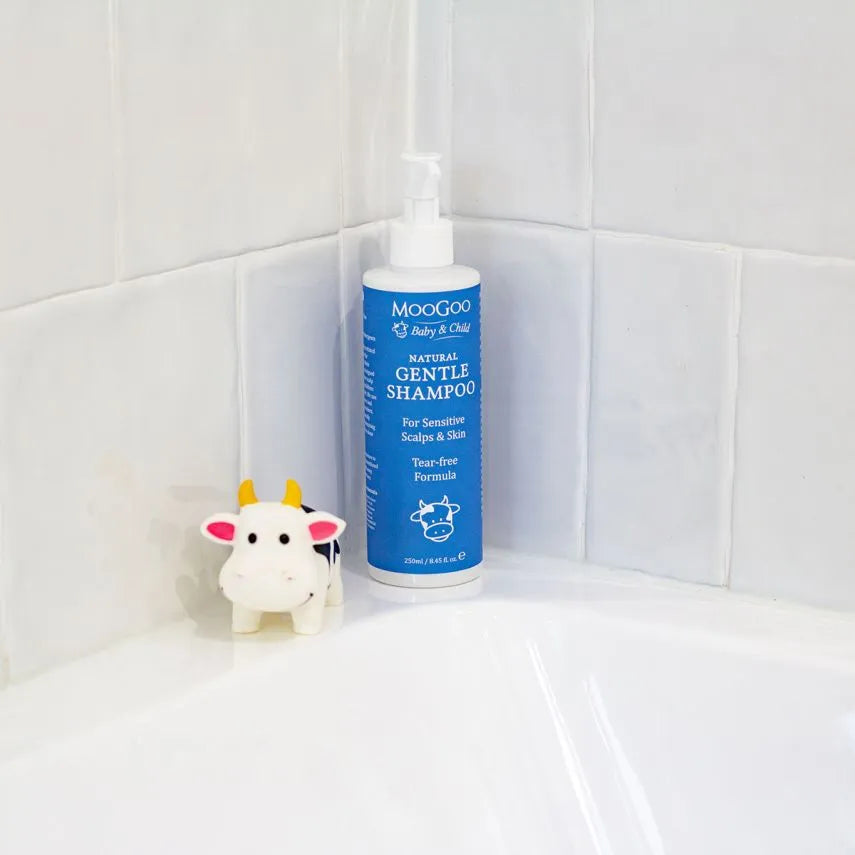 MooGoo Baby Gentle Shampoo 250ml Baby skin is more easily irritated than adult skin and babies are far louder when shampoo gets in their eyes. Our natural shampoo is designed to be very gentle on the delicate scalp and skin of babies and young children as well as leaving hair silky soft.