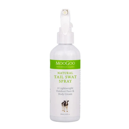 MooGoo Tail Swat Body Spray 200 ml MooGoo Tail Swat Outdoor Body Roll-On and/or Spray is a natural formula without synthetic ingredients. Gentle enough for children and babies, and can be applied liberally all over, even to the face area, and reapplied as often as needed without worry. Suitable for all ages and skin types, including sensitive skin.