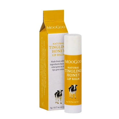 MooGoo Edable Lip Balm Tingling Honey 5g This lip balm is made to speed the repair of dry and chapped lips. Menthol is well-known for its sterilizing effect so this helps prevent infection. Like many of our products, it also has Allantoin which is a repair superstar. Combined with Honey, which is also known for skin repair, this balm has already performed minor miracles on lips. This one has a "lemony tingle" upon application.