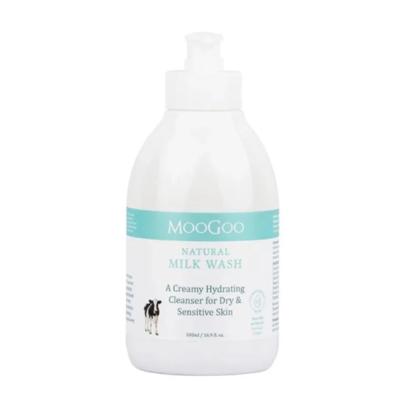 MooGoo Milk Wash 500ml Our Milk Wash is one of our most popular products. We combine small amounts of 5 different natural cleaners as this can be gentler on skin than one concentrated cleanser. We chose natural cleansers that wash well without drying out the skin. The foaming action isn’t quite as intense as it would if we used a synthetic detergent like SLS (or other common culprits that end in –fate),