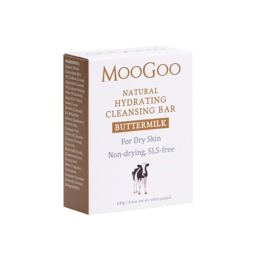 MOOGOO Hydrating Cleansing Bar 130g Buttermilk Buttermilk soap is especially good for people that have had dry skin, or develop dry skin from the sun or air-conditioning. Skin should never be dried out as it becomes more prone to lines and wrinkles. Tip: These are big bars of Milk Soap (130g) so they last longer. Some people with smaller hands or children may find it easier if the bar is cut into two pieces.