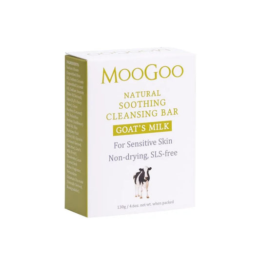 MooGoo Soothing Cleansing Bar – Goat’s Milk 130g Many commercial brands of goat's milk soap use powdered milk. We think the best ones use fresh goat’s milk. Goat’s milk soap is especially suited to those people with very sensitive skin. It’s the mildest way to remove old oil and grease from the skin and replaces these oils with pure nut oils and proteins.