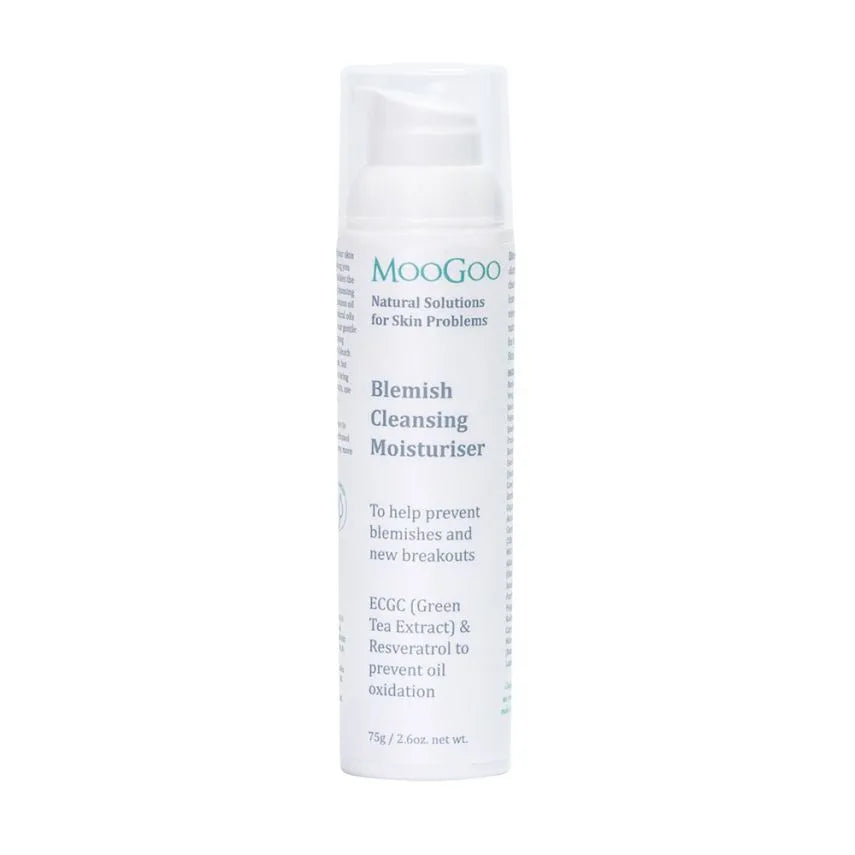 MooGoo Blemish Cleansing Moisturiser 75g Almost all creams made to help with blemish-prone skin use Benzoyl Peroxide bleach. This is why hair will bleach to an orange colour when in contact with most blemish creams. Bleaches are cheap, but not the first choice in keeping skin looking young and healthy.