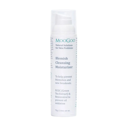 MooGoo Blemish Cleansing Moisturiser 75g Almost all creams made to help with blemish-prone skin use Benzoyl Peroxide bleach. This is why hair will bleach to an orange colour when in contact with most blemish creams. Bleaches are cheap, but not the first choice in keeping skin looking young and healthy.