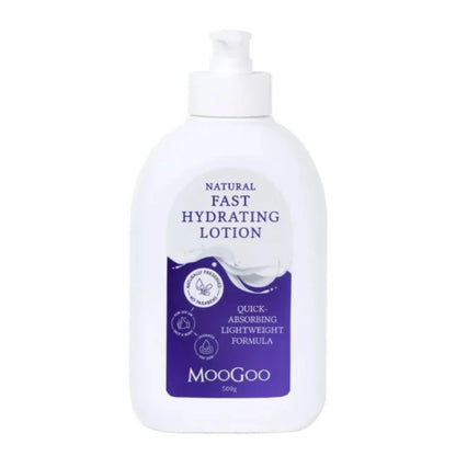 MooGoo Fast Hydrating Lotion 500g We made this moisturiser after getting a lot of requests from our customers and stockists to add a light(er)weight formula to our moisturiser range. Our classic Skin Milk Udder Cream has generally been our suggestion for those looking for an all-round restorative cream, but it seems that there are many people that prefer something even lighter, particularly when dealing with thin, very sensitive or damaged skin.