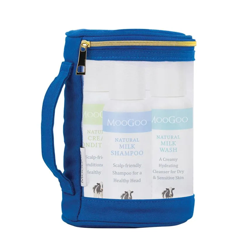 MooGoo Travel Pack Now you can get all of our most-popular and essentials products in convenient travel sizes. These are suitable for carry-on luggage, for when you’re on the MOOve! Each Travel Pack contains: Milk Shampoo 100ml. Conditioner 100ml. Milk Wash 100ml. Skin Milk Udder Cream 100g