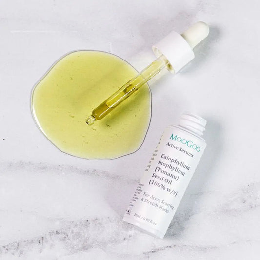 MooGoo Active Serums Tamanu Oil 25ml Calophyllum Inophyllum (Tamanu) Seed Oil (100%) w/v 25ml Used for centuries in the Pacific Islands, this oil gained attention when it was shown in a study to help normalise the appearance of scar tissue. From the moment you apply Tamanu Oil to the skin, it can be seen that it’s a very intense and concentrated oil.