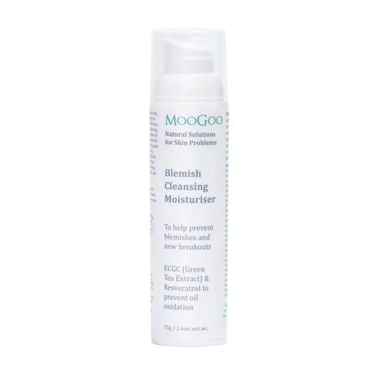 MooGoo Blemish Cleansing Moisturiser 75g Almost all creams made to help with blemish-prone skin use Benzoyl Peroxide bleach. This is why hair will bleach to an orange colour when in contact with most blemish creams. Bleaches are cheap, but not the first choice in keeping skin looking young and healthy.
