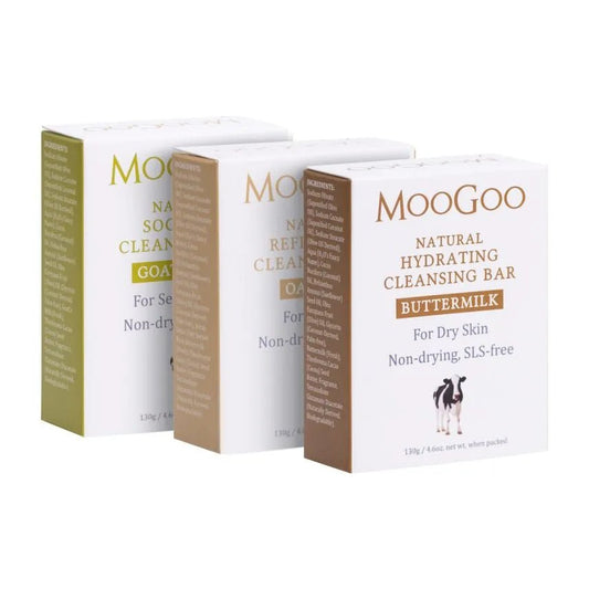 MooGoo Natural Cleansing Bars 130g 3 Pack Fresh Buttermilk, Olive Oil & Cocoa Butter Finely Ground Oatmeal, Buttermilk & Cocoa Butter. Fresh Goat’s Milk, Olive Oil & Cocoa Butter - Many commercial brands of goat's milk soap use powdered milk.