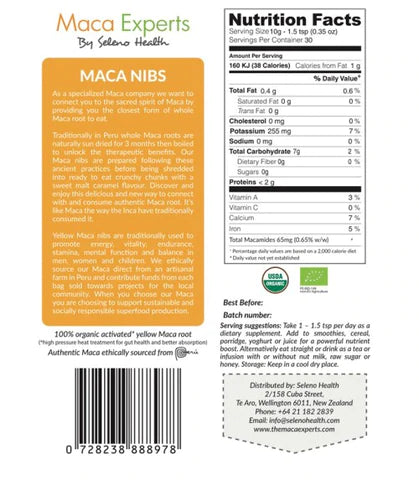 Organic Activated Peruvian Yellow Maca Nibs 300g They have a sweet malt caramel flavour and are crunchy in texture!