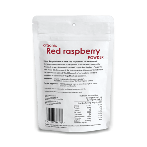 Matakana Organic Red Raspberry Powder 100g Red Raspberries (Rubus idaeus) have long been used as a nutritious food as well as for medicinal purposes throughout the world. There has even been archaeological evidence that Paleolithic cave dwellers ate raspberries. Red Raspberries have traditionally been associated with fertility and its leaves are used in herbal teas to sooth digestion and menstrual cramps.