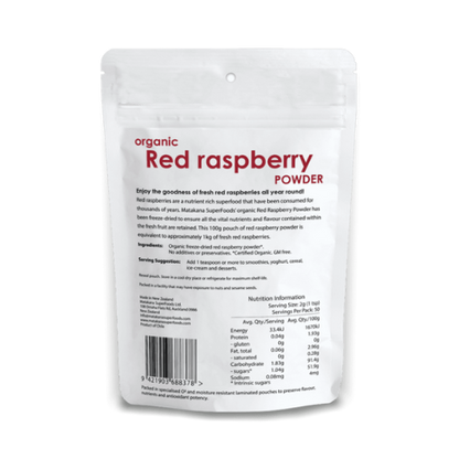 Matakana Organic Red Raspberry Powder 100g Red Raspberries (Rubus idaeus) have long been used as a nutritious food as well as for medicinal purposes throughout the world. There has even been archaeological evidence that Paleolithic cave dwellers ate raspberries. Red Raspberries have traditionally been associated with fertility and its leaves are used in herbal teas to sooth digestion and menstrual cramps.