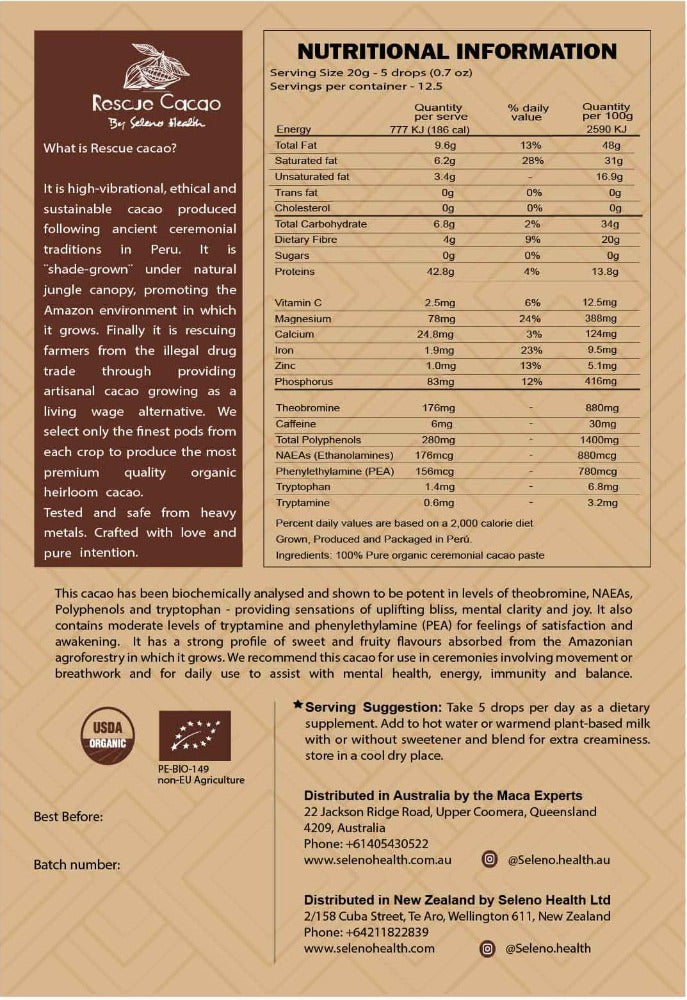 Seleno Organic Ceremonial Cacao Paste Drops - 250g 100% pure organic, single-origin, Peruvian ceremonial cacao paste. New Zealand-Peruvian owned and operated family business. Our ceremonial Criollo cacao has an incredible ratio of 29:1 - theobromine:caffeine. Perfect for the uplifting, heart opening effects without the negative side-effects of caffeine over-stimulation.