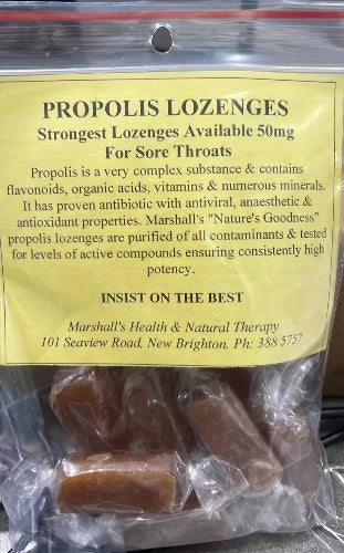 Marshall's Nature's Goodness Propolis Lozenges 20pcs Marshall’s “Nature’s Goodness” propolis lozenges with 50mg of propolis per lozenge, the strongest available for sore throats. Propolis is a very complex substance and contains flavonoids, organic acids, vitamins & numerous minerals. Marshall’s “Nature’s Goodness” propolis lozenges are purified of all contaminants and tested for high levels of active compounds ensuring consistently high potency