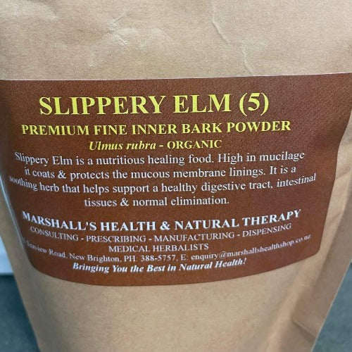 Marshall's Slippery Elm 100gm, Premium Fine Inner Bark Powder. Slippery Elm is a nutrient healing food. High in mucilage it coats & protects the mucous membrane linings. It is a soothing herb that helps support a healthy digestive tract, intestinal tissues & normal elimination. HEALTH BENEFITS: Healthy digestive tract Healthy Intestinal Tissue Normal Elimination