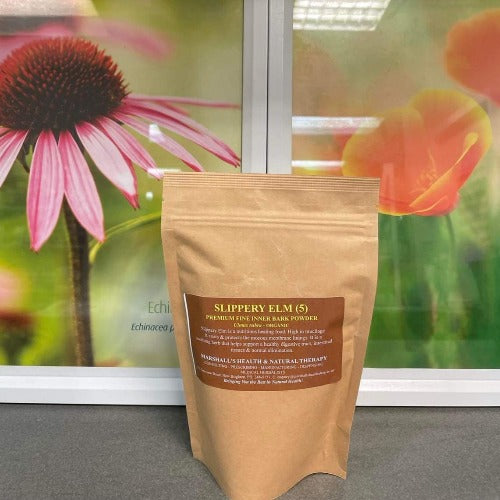 Marshall's Slippery Elm, Premium Fine Inner Bark Powder 500g. Slippery Elm is a nutrient healing food. High in mucilage it coats & protects the mucous membrane linings. It is a soothing herb that helps support a healthy digestive tract, intestinal tissues & normal elimination. HEALTH BENEFITS: Healthy digestive tract Healthy Intestinal Tissue Normal Elimination