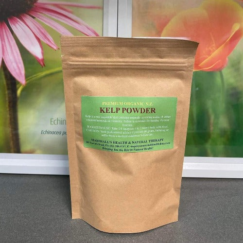 Marshall's Organic New Zealand Kelp Powder 100g Kelp is a sea vegetable that contains naturally occurring iodine & other essential minerals & vitamins. Iodine is essential for healthy thyroid function HEALTH BENEFITS: Healthy thyroid function