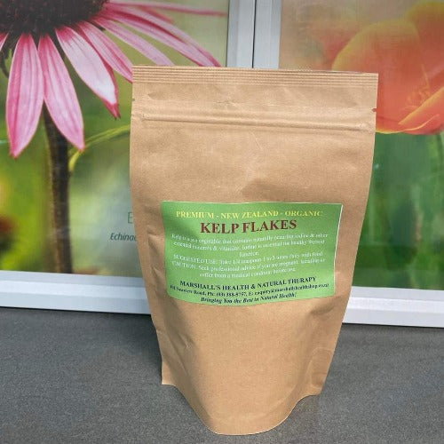 Marshall's Organic New Zealand Kelp Flakes 50g Kelp is a sea vegetable that contains naturally occurring iodine & other essential minerals & vitamins. Iodine is essential for healthy thyroid function  HEALTH BENEFITS:  Healthy thyroid function