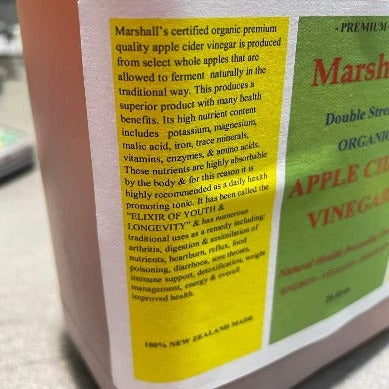 Marshall’s Organic Apple Cider Vinegar with 20% of New Zealand's finest Quality Manuka Honey 750ml Marshall’s double strength, certified organic, premium quality, apply cider vinegar is produced from select whole apples that are left to ferment naturally in the traditional way. This produces a superior product with many health benefits