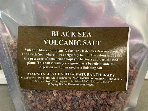 Marshall's Black Sea Volcanic Salt Coarse 600g Volcanic black salt intensifies flavours. It derives its name from the Black Sea, where it was originally found. The colour is due to the presence of beneficial halophytic bacteria and decomposed plant. This is widely recognised as a beneficial aide for digestion and often used as a finishing salt.