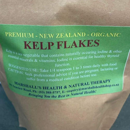 Marshall's Organic New Zealand Kelp Flakes 100g Kelp is a sea vegetable that contains naturally occurring iodine & other essential minerals & vitamins. Iodine is essential for healthy thyroid function HEALTH BENEFITS: Healthy thyroid function