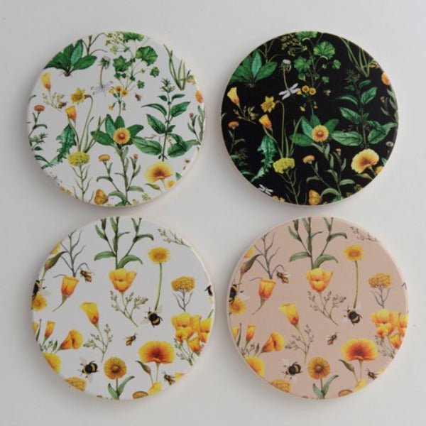 Salisbury Bees & Flowers Coasters, Set Of 4 Bees & Flowers coasters, set of 4, 9cm, ceramic with cork bases 2 designs, 4 background colours (2 white, 1 taupe, 1 black)