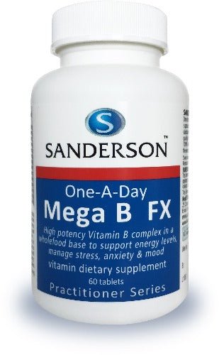 SANDERSON Mega B FX Vitamin B Complex 60 Tablets The B group vitamins are water-soluble and not adequately stored in the body, so needing to be replenished daily to support many body functions. Deficiencies of one or more of the B vitamins can easily occur, particularly at times of stress, fasting and weight-loss, or with diets high in refined and processed food, sugar or alcohol.