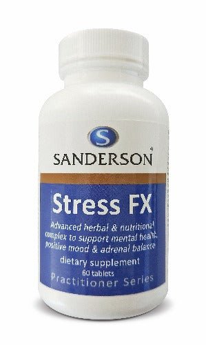 SANDERSON Stress FX 60 Tablets This advanced complex of non-sedating herbs and nutrients has been formulated to support healthy brain function and calmness, mental focus and a positive mood. Research indicates each of the ingredients may play a role in supporting a healthy functioning brain.