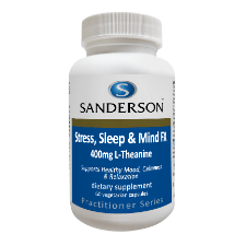SANDERSON Stress, Sleep & Mind FX 400mg L-Theanine 60 VegeCaps Each Sanderson Stress, Sleep & Mind FX capsule contains a high strength dose of free-form L-Theanine, an amino acid commonly found in tea. This 1-a-day formula supports healthy mood, relaxation and calmness.