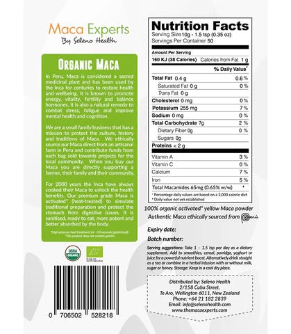 Seleno Organic Activated Maca Powder 500g Once harvested our maca is naturally dried for 3 months at altitude, then activated (pressure heated) to remove the starch and bacteria before being combined with 30% organic Peruvian cacao from the jungles of northern Peru to create an even more potent antioxidant superfood with a rich chocolate flavour.