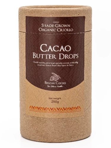 ORGANIC PREMIUM CACAO BUTTER DROPS - 250G 100% pure organic, single-origin, premium cacao butter. Made only from virgin crop, meaning the first crop of the tree and hand-selected pods. Our cacao butter is fermented and full bean, generated from milling the whole bean into a creamy, rich paste then pressing to separate the cacao mass from the rich butter following ancient traditions.