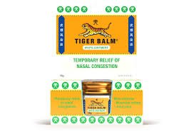 Tiger Balm White Reg Strength 18g Tiger Balm is a unique formulation containing essential oils for quick relief from aches and pains and nasal congestion often associated with winter ills and chills. HEALTH BENEFITS: For temporary relief of nasal congestion Temporary relief of muscular and joint aches and pains DIRECTIONS: For the relief of nasal congestion: Rub a thick layer onto chest or throat at night and/or morning.